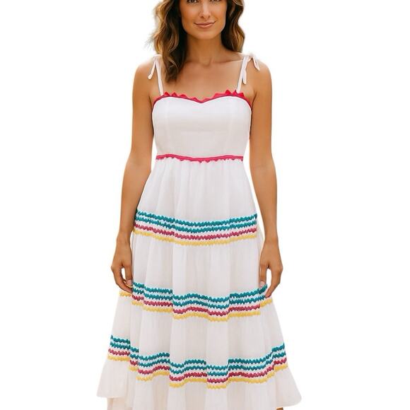 New Crown & Ivy Apron Front Sundress Size Med White & Rainbow Ric Rac Dress - Picture 1 of 8